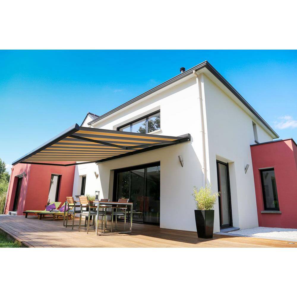 Golden Yellow and Gray Striped Electric Retractable Awning