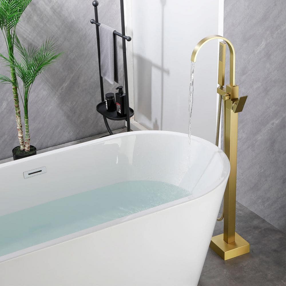 Brushed Gold Brass Waterfall Floor Mount Freestanding Tub Faucet