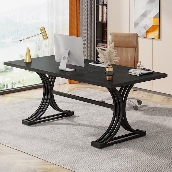 BYBLIGHT Moronia 63 in. Rectangular Black Wood Computer Desk with Gold Metal Double Pedestal for Home Office