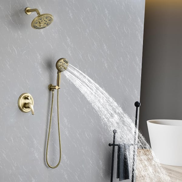 Single -Handle Shower Faucet Set with 6-Spray 8 in. Shower Head and 9-Spray 5 in. Handheld Shower Head in Brushed Gold