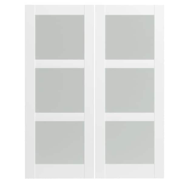 TENONER 64 in. x 80 in. (Double 32 in. Doors) MDF, Painted, White, 3-Lite, Frosted Glass Interior Door Slab Without Hinges
