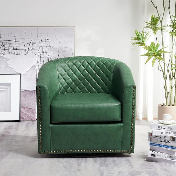 KINWELL Modern Green Small Swivel Faux Leather Tufted Upholstered