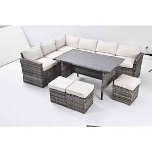 Grey 7-Piece Wicker Outdoor Sectional Set, Patio Conversation Sofa with Table Set, Ottomans and Beige Removable Cushions