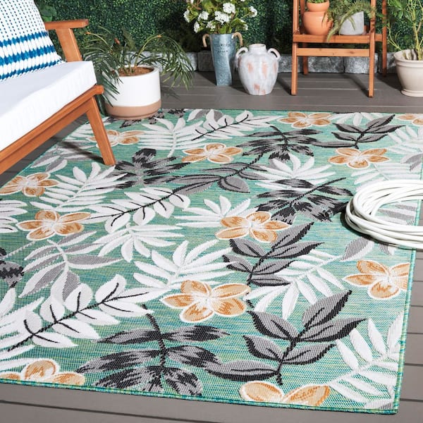 Cabana Blue Green/Gray 6 ft. x 6 ft. Botanical Floral Indoor/Outdoor Square Area Rug