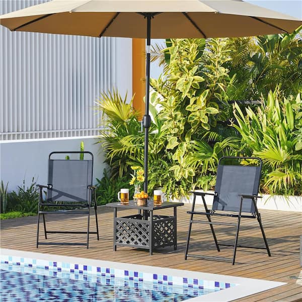 Set of 4 Outdoor Texteline Foldable Dining Chairs, All-weather Folding Lawn Chairs with Backrest / Armrests, Navy Blue