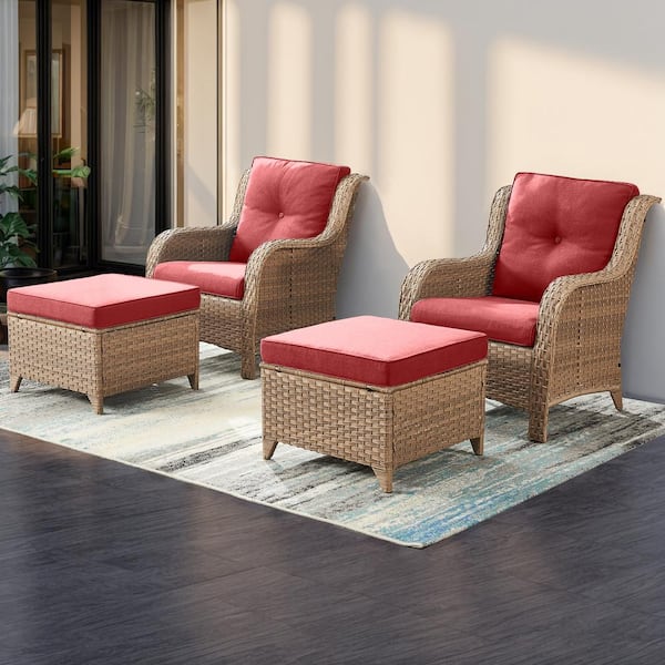4-Piece Patio Yellow Wicker Outdoor Chat Sets with Red Olefin Cushions and Matching Ottomans