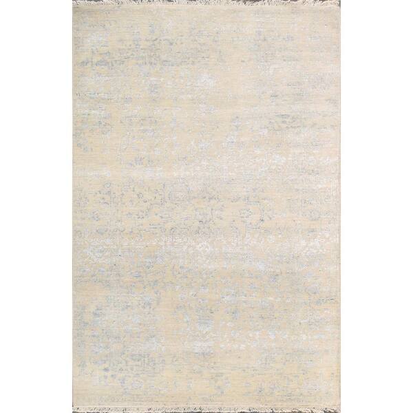 Pasargad Home Transitional Ivory/Light Grey 4 ft.x 6 ft. Floral Bamboo Silk and Wool Area Rug