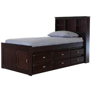 Mission Espresso Brown Twin Sized Captains Bookcase Bed with Twelve-Drawers