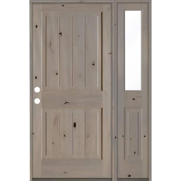 Krosswood Doors 56 in. x 80 in. Rustic Knotty Alder Square Top Right-Hand/Inswing Clear Glass Grey Stain Wood Prehung Front Door w/RHSL