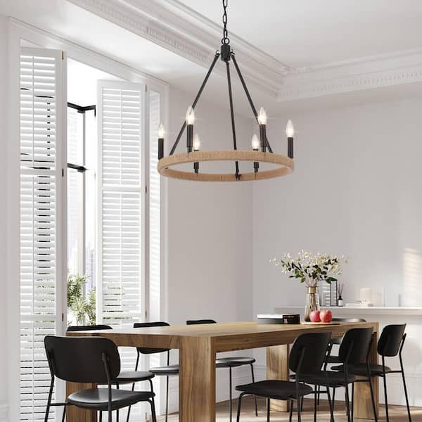 6-Light Farmhouse Black Candle Design Circle Iron Wagon Wheel Chandelier for Dining Room with no bulbs included
