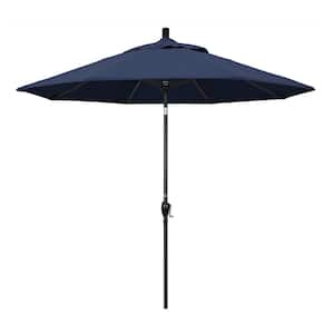 9 ft. Stone Black Aluminum Market Patio Umbrella with Push Tilt Crank Lift in Spectrum Indigo Sunbrella