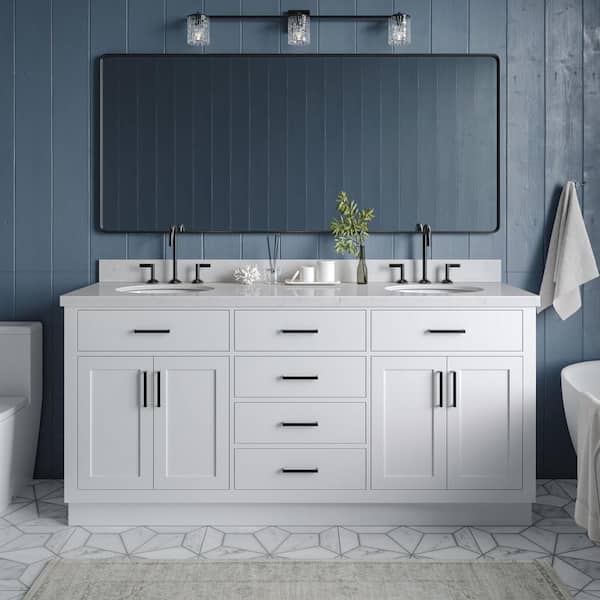 ARIEL Hepburn 72 in. W x 22 in. D x 36 in. H Double Sink Freestanding Bath Vanity in White with Carrara Quartz Top