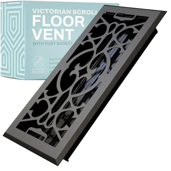 HOME INTUITION Victorian Scroll 4 x 12 in. Decorative Floor Register Vent with Mesh Cover Trap, Dark Grey