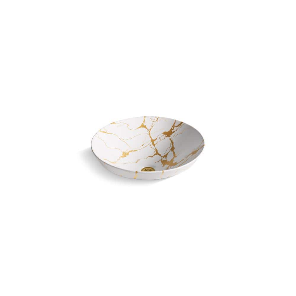 Aureus White and Gold Ceramic Semi-Recessed Vessel Sink
