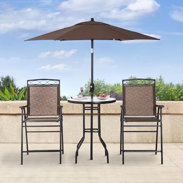 Outsunny 4-Piece Brown Steel Outdoor Dining Set with Adjustable Angle Umbrella-Folding Chairs, Glass Table