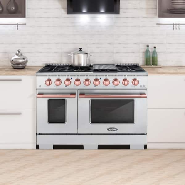 48 in. 5.5 cu. ft. Gas Range with 8 Burners and in Stainless Steel with Rose Gold Custom Handle and Knob Kit
