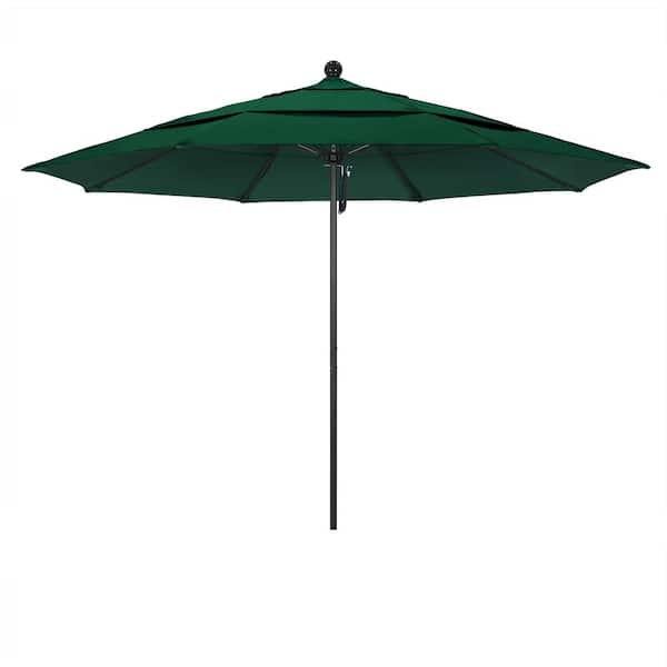 California Umbrella 11 ft. Black Aluminum Commercial Market Patio Umbrella with Fiberglass Ribs and Pulley Lift in Forest Green Sunbrella