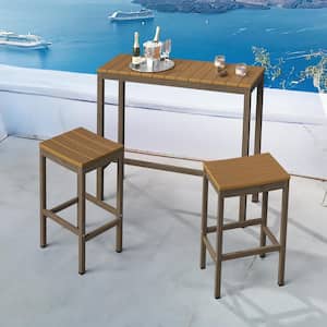 3-Piece 45 in. Brown Outdoor Dining Table Set Aluminum Outdoor Bar Set HDPS Top With Bar Stools for Balcony