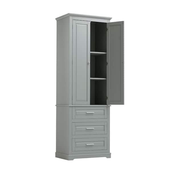 24 in. W x 16 in. D x 70 in. H Gray Wooden Linen Cabinet, Tall Storage Cabinet with 3-Drawers for Bathroom/Office