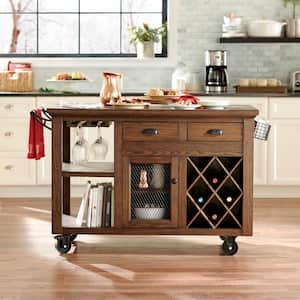 Cooper Rustic Walnut Rolling Kitchen Cart with Double-Drawer Storage, Wine Rack, and Tiered Shelves (51" W)