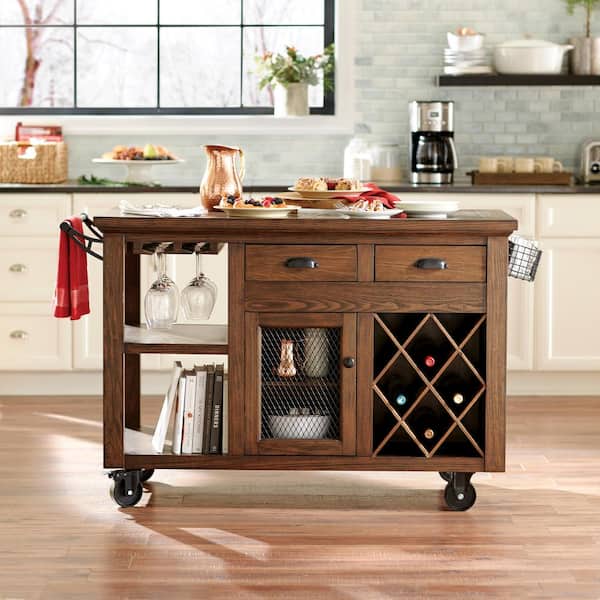 Home Decorators Collection Cooper Rustic Walnut Rolling Kitchen Cart with Double-Drawer Storage, Wine Rack, and Tiered Shelves (51" W)