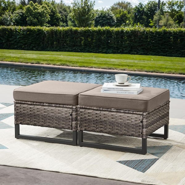 Gray Wicker Outdoor Ottoman with Gray Cushions (2-Pack)