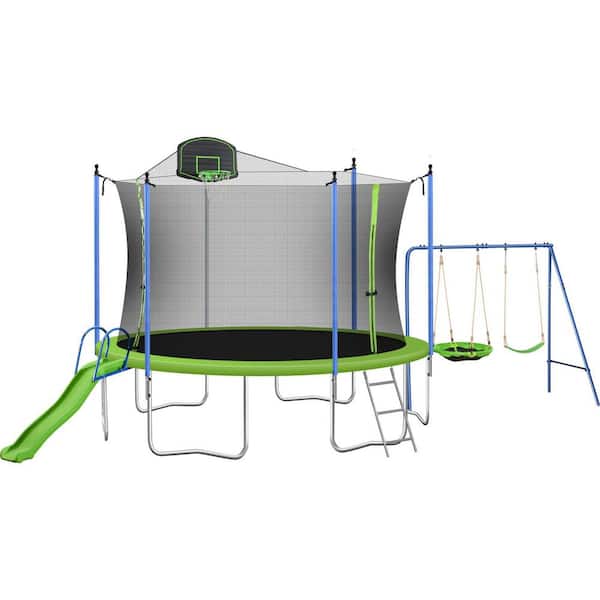 maocao hoom 12 ft. Round Backyard Large Trampoline with Safety Enclosure, Swing, Basketball Hoop and Ladder