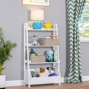 24 in. W White Kids 4-Tier Ladder Shelf Bookcase with Toy Organizer
