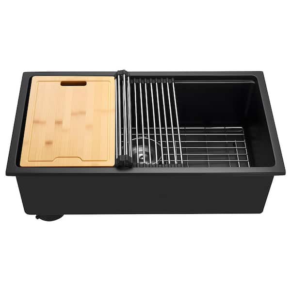 30 in. Undermount Singel Bowl 16 Gauge Black Quartz Kitchen RV Bar Sink with Cutting Board and Drain