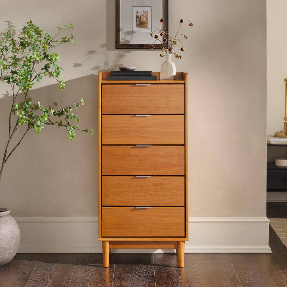 Mid-Century Modern Caramel 5-Drawer 20 in. Chest of Drawers with Tray Top