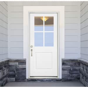 36 in. x 80 in. Legacy 4 Lite Half Lite Clear Glass Right Hand Inswing White Primed Fiberglass Prehung Front Door