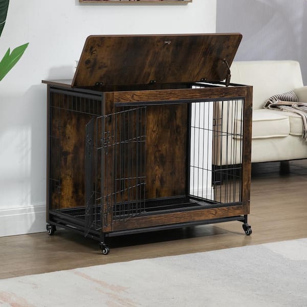 Foobrues 23.6 in. L x 20 in. W x 26 in. H Dog Crate Furniture with Cushion, Wooden Dog Crate Table, Double-Doors Dog Furniture
