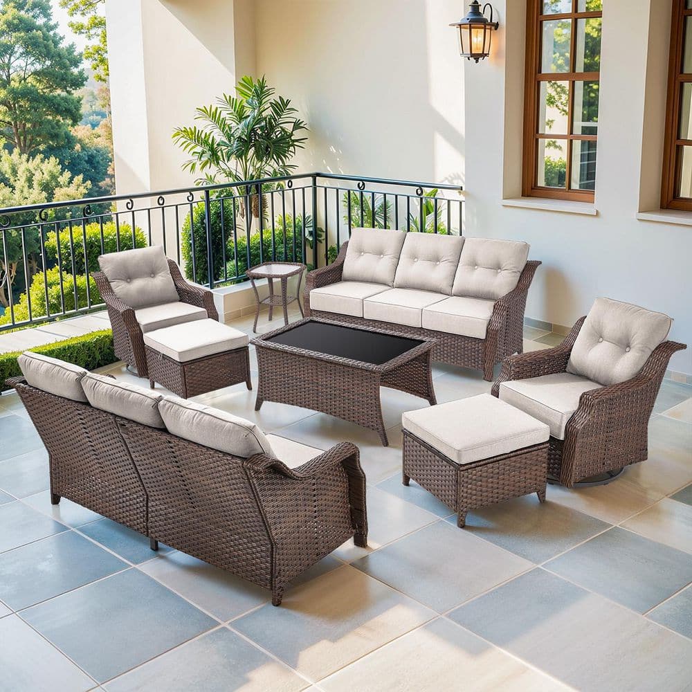 Circle Brown 8-Piece Wicker Patio Conversation Seating Set with Beige Cushions, Outdoor Sofa set with Swivel Chairs price history on PriceWatchPro