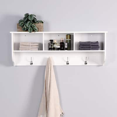 White Wall Shelves Open Shelving Unit Wooden Shelf With Hooks Farmhouse  Furniture 