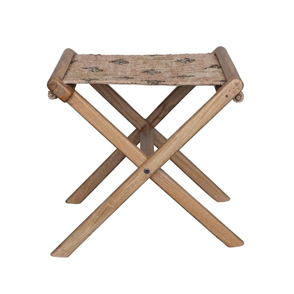 Storied Home 19.5 in. Natural and Brown Backless Mango Wood Folding Stool with Jute Seat