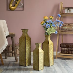 Decorative Antique Style Metal Bottle Shape Gold Floor Vase for Entryway, Living Room or Dining Room, Set of 3