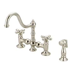 2-Handle Bridge Kitchen Faucet with Plastic Side Sprayer in Polished Nickel PVD