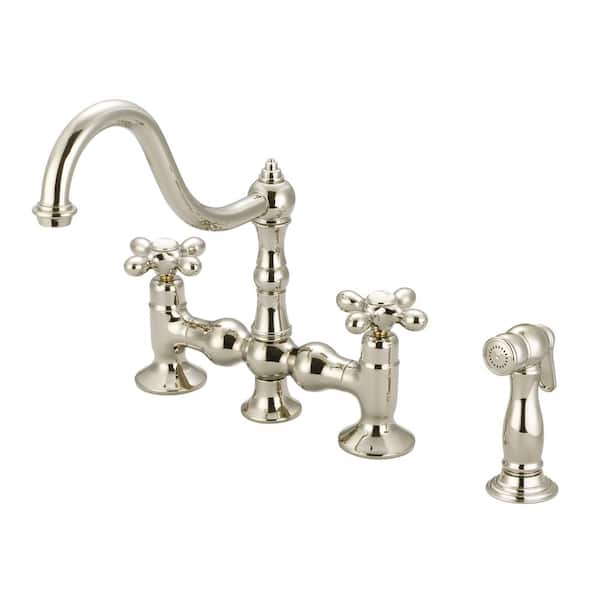 Water Creation 2-Handle Bridge Kitchen Faucet with Plastic Side Sprayer in Polished Nickel PVD