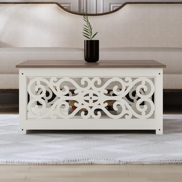 GALANO Nagata 34.9 in. Ivory with Knotty Oak Square Wood Top Coffee Table