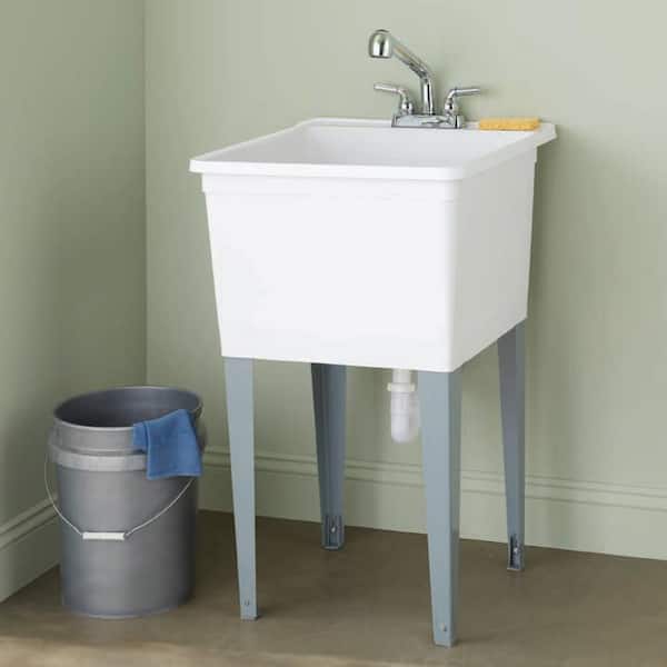 24.50 in. D x 22.5 in. W Freestanding Thermoplastic White 21 gal. Utility Tub with Grey Legs and Chrome Pullout Faucet