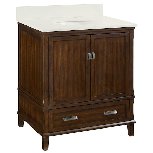 Dorel Living Irving 30in W Bath Vanity in Dark Walnut with Soft White Engineered Stone Vanity Top with Pre-Installed Porcelain Basin