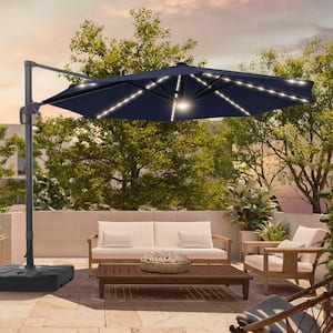 11 ft. Round Solar LED Aluminum 360-Degree Rotation Cantilever Offset Outdoor Patio Umbrella with a Base in Navy Blue