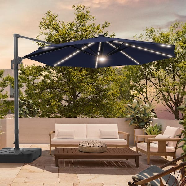 11 ft. Round Solar LED Aluminum 360-Degree Rotation Cantilever Offset Outdoor Patio Umbrella with a Base in Navy Blue