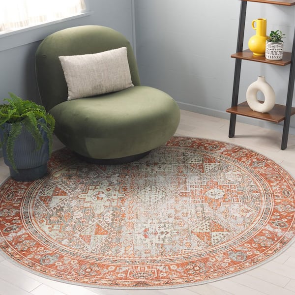 Arizona 6 ft. x 6 ft. Rust/Sage Machine Washable Distressed Border Ornate Round Area Rug