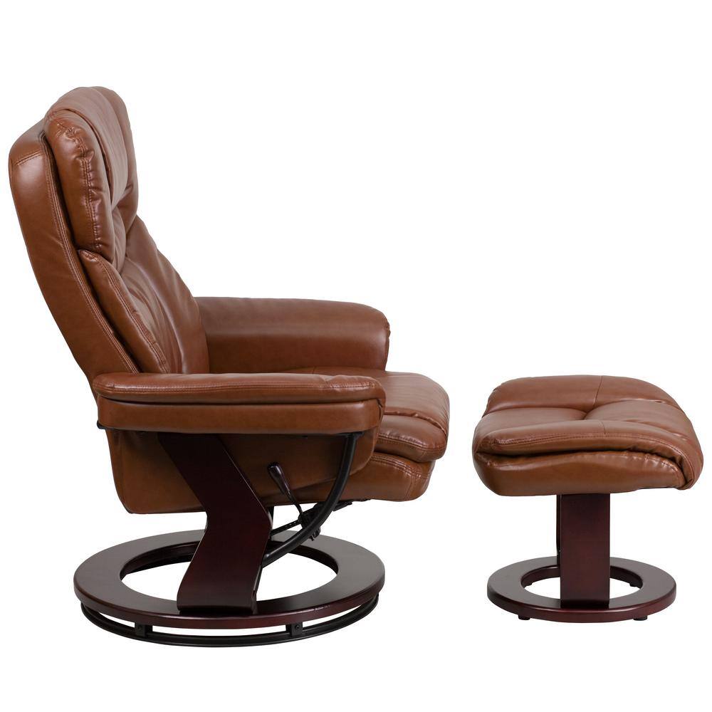 Brown Leather Swivel Recliner with Ottoman and Wood Base