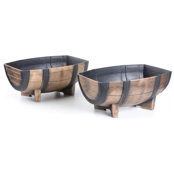 Gardenised Rustic Wood-Look Plastic Half Barrel Flower Pot Garden Planter (Pack of 2)