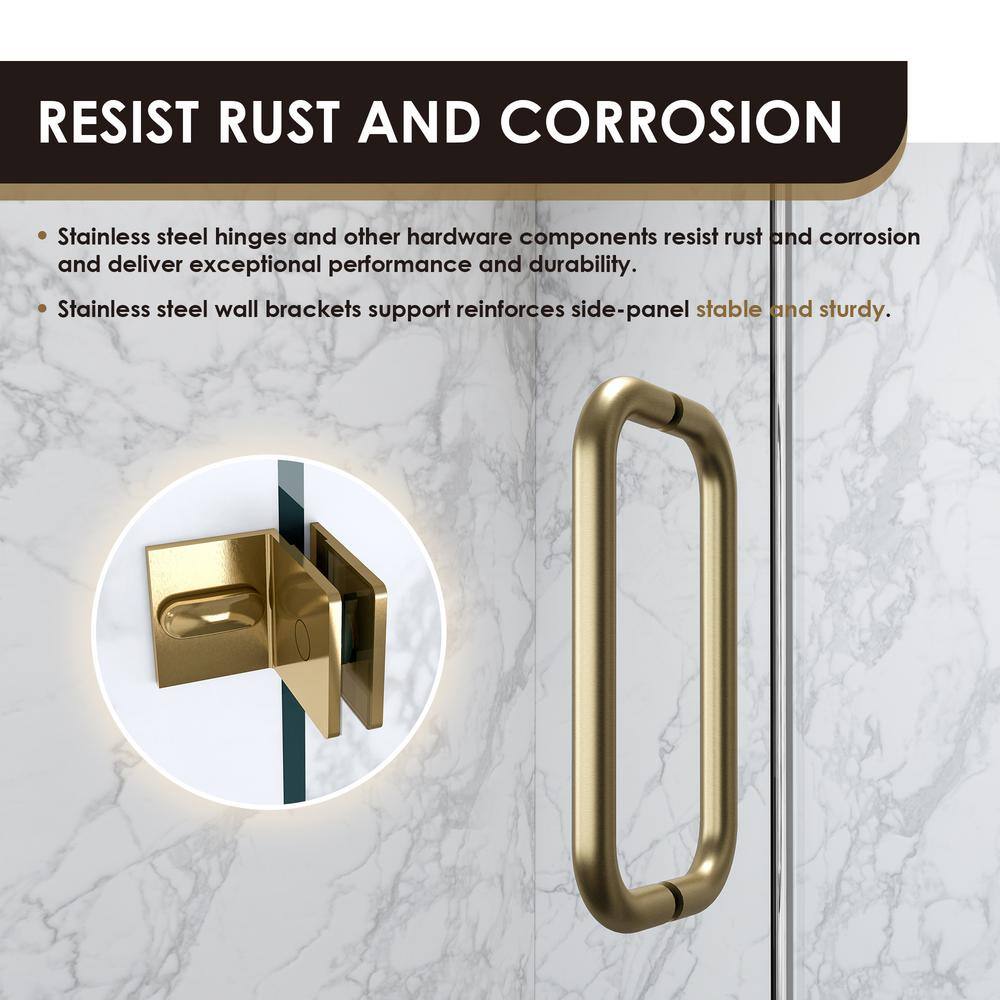 Brushed Gold Frameless Pivot Hinged Shower Door with Clear Glass