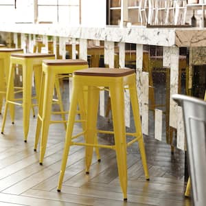 31 in. Yellow/Teak Metal Outdoor Bar Stool