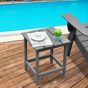 15 in. Grey Patio Square Wooden Slat End Side Coffee Table for Garden, Porch, Beach and Backyard