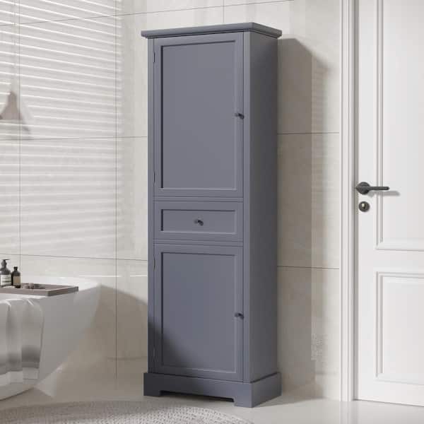 Unbranded 22.24 in. W x 11.81 in. D x 65.15 in. H Gray MDF Anti-Toppling Freestanding Bathroom Linen Cabinet with 2-Doors